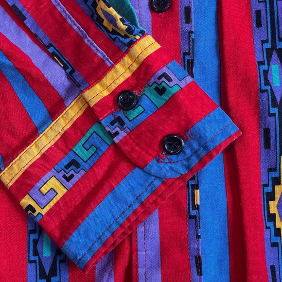 VINTAGE 90s WRANGLER SHIRT MENS 18-36 BUTTON UP AZTEC RED YELLOW BLUE WESTERN - Picture 13 of 15